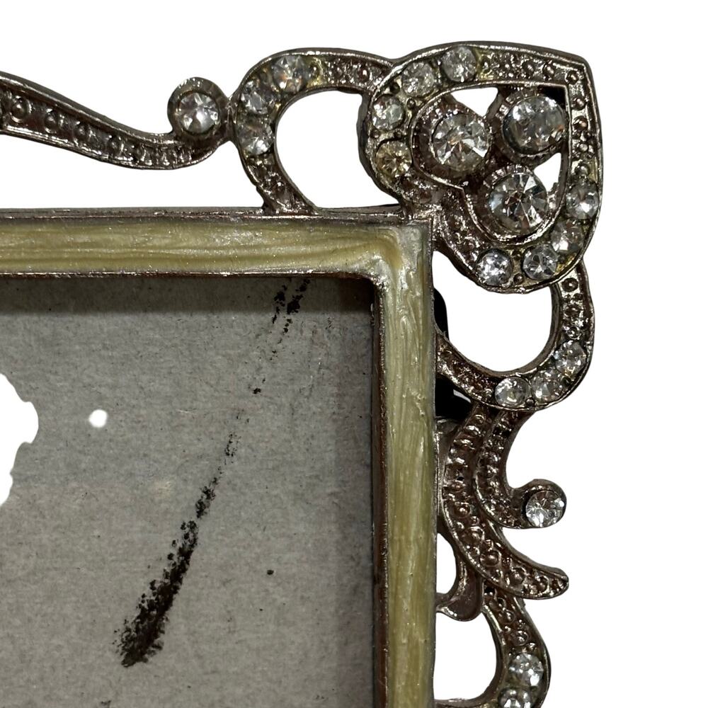 Silver metal standing photo frame picture holder 4" x 6" clear white rhinestones